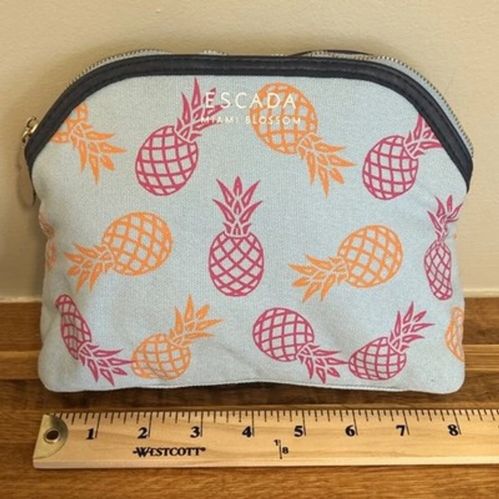 Escada Cosmetic Case Travel Bag Miami Blossom Blue with Gold Pineapple Charm